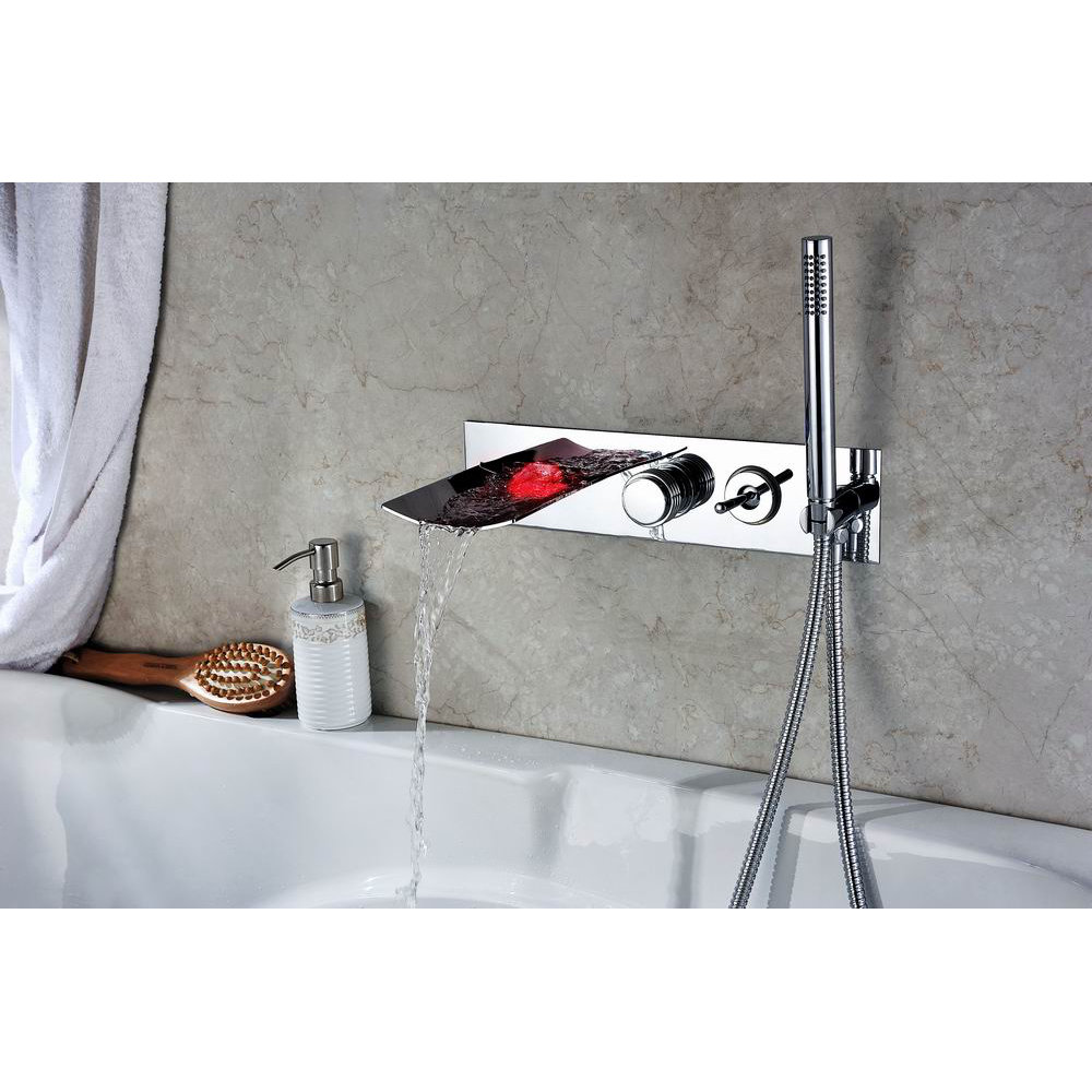 Sumerain Double Handle Wall Mount LED Waterfall Tub Faucet with